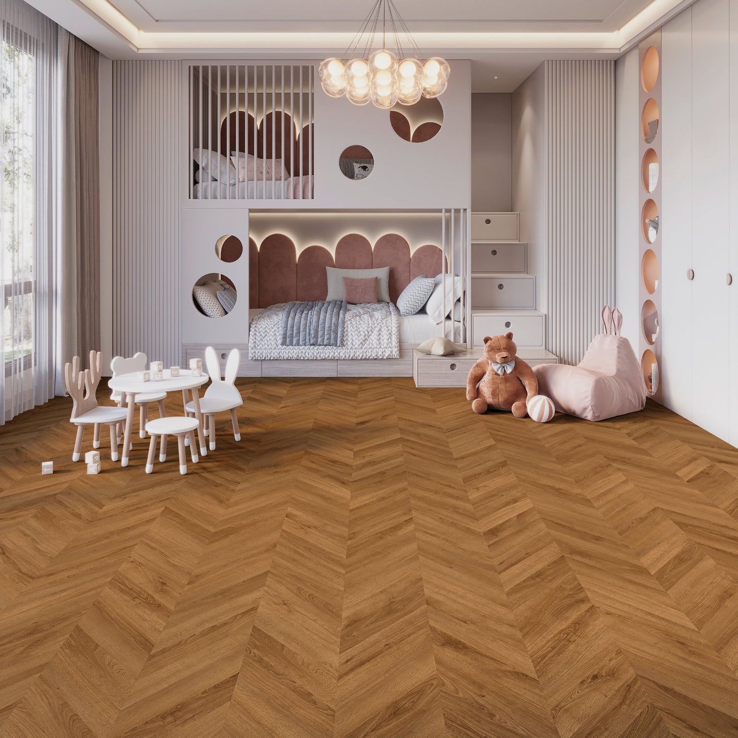 PVC vloer Hongaarse punt Cognac Oak DB 5805, sfeerimpressie interieur | Velora Floors